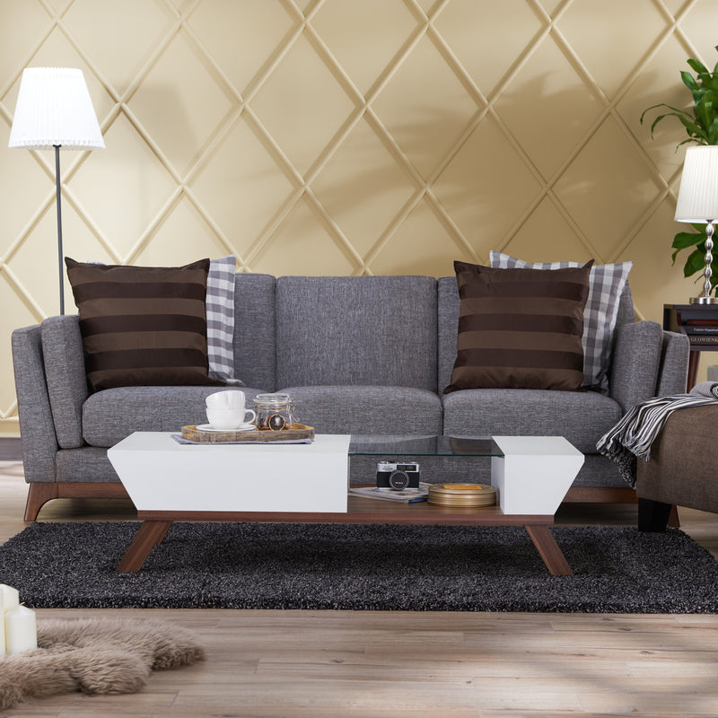 Browson Mid-Century Modern Glass Insert Pull-Down Cabinet Coffee Table