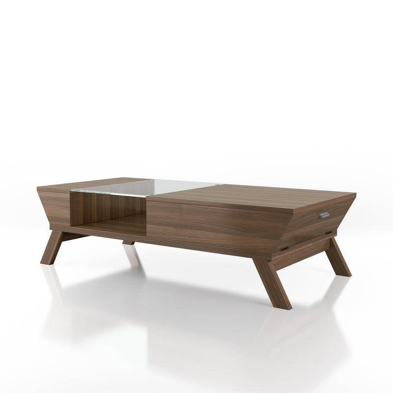 Browson Mid-Century Modern Glass Insert Pull-Down Cabinet Coffee Table