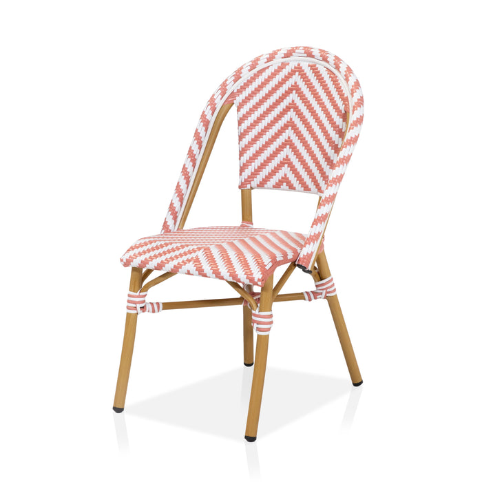 Left-angled pink and white chevron pattern bistro chair against a white background. The seat edge is curved.