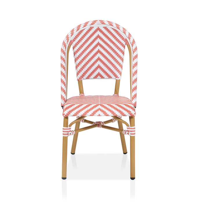 Front-facing pink and white chevron pattern bistro chair against a white background. The seat edge is curved.