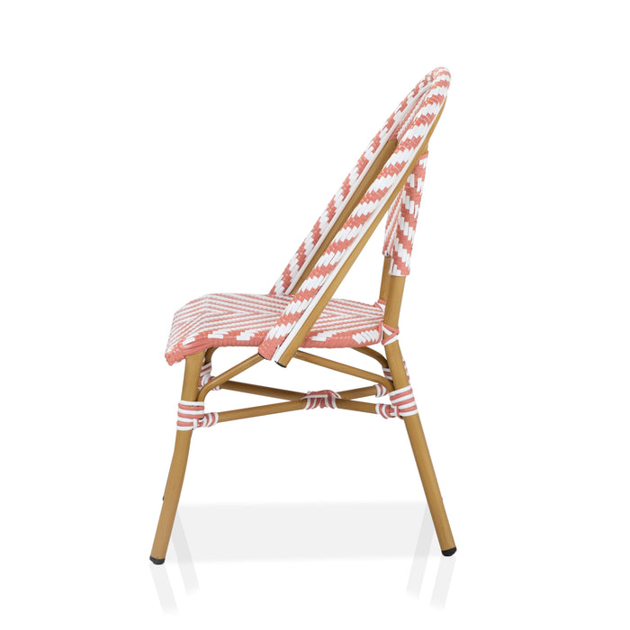 Left-facing pink and white chevron pattern bistro chair against a white background. The seat edge is curved.
