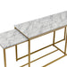 Top view of faux white marble nesting tables with gold-tone frames on a white background.