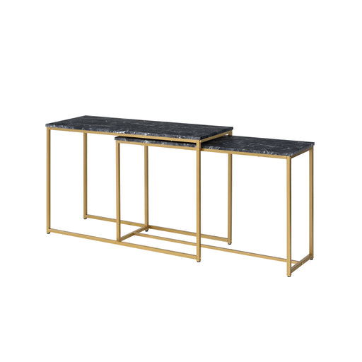 Left-angled faux black marble nesting tables with gold-tone frames on a white background.