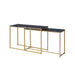 Left-angled faux black marble nesting tables with gold-tone frames on a white background.