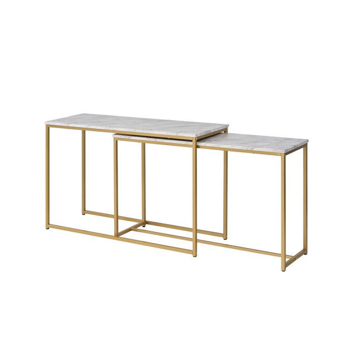 Left-angled faux white marble nesting tables with gold-tone frames on a white background.