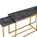 Top view of faux black marble nesting tables with gold-tone frames on a white background.