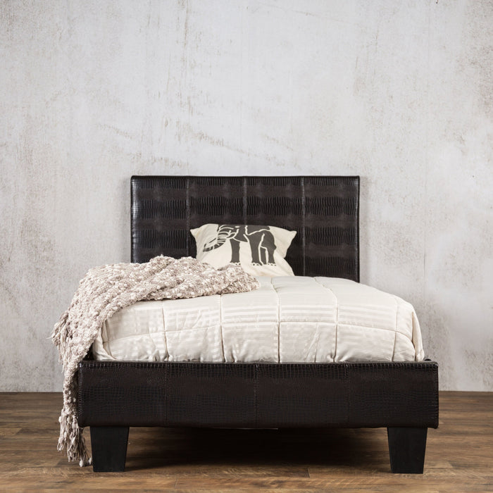 Front-facing, brown faux crocodile leather twin platform bed in a modern bedroom.
