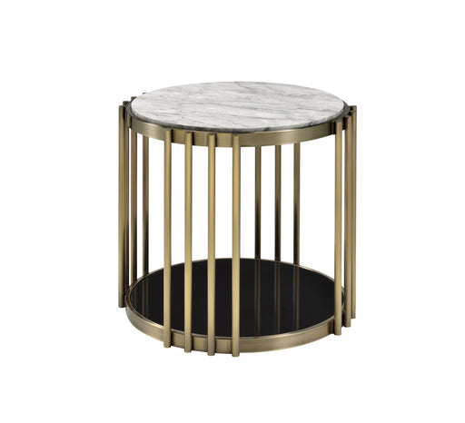Drum side table against a white background. Faux white marble tabletop and black glass base shelf sandwich an antique brass frame.