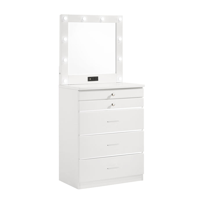 Right-angled high gloss white vanity chest with a mirror against a white background. The LED bulb mirror has built-in USB ports and power outlets. Chrome accents separate five drawers.