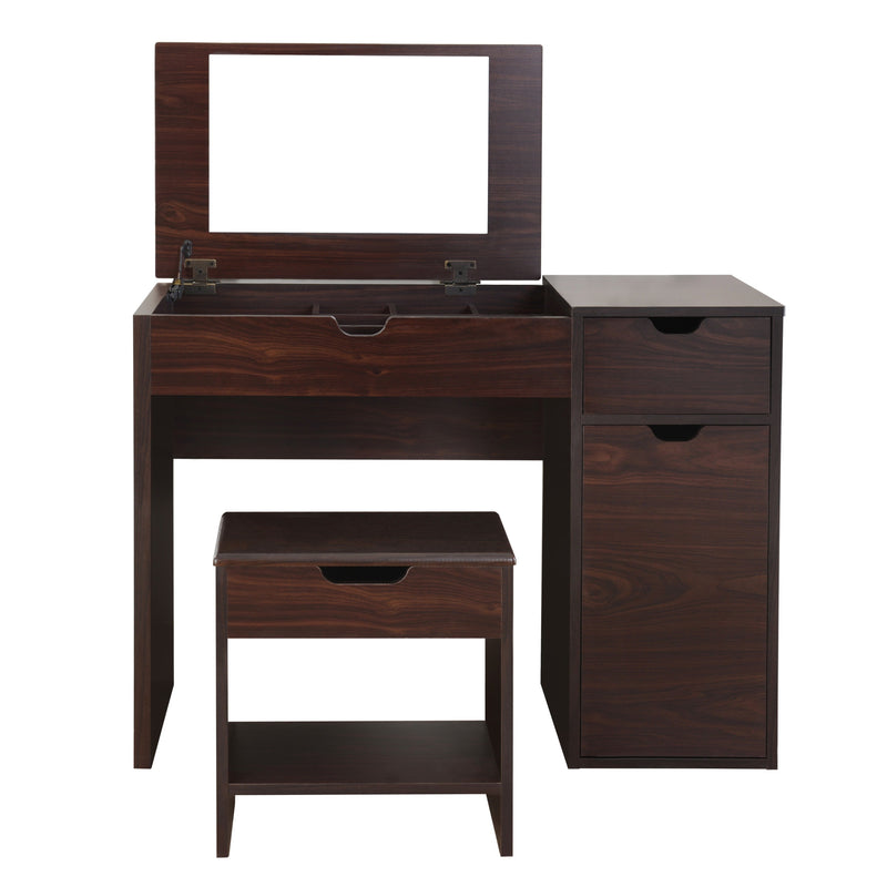 Front-facing walnut vanity table set with stool against a white background. The lift-top table reveals an underside mirror and compartmentalized storage. Two grooved handles on the table and one grooved handle on the stool indicate more storage space.