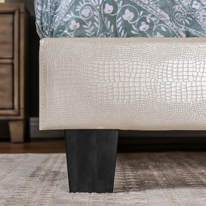 Front-facing, detail shot of the pearl white faux crocodile leather queen footboard in a contemporary bedroom.