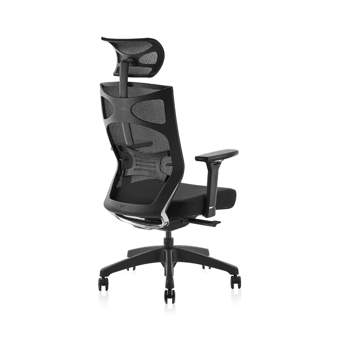 Front-facing side view contemporary black adjustable office chair with headrest on a white background