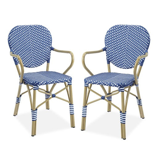 Eileen Blue and White French Style Wicker Outdoor Chairs (Set of 2)
